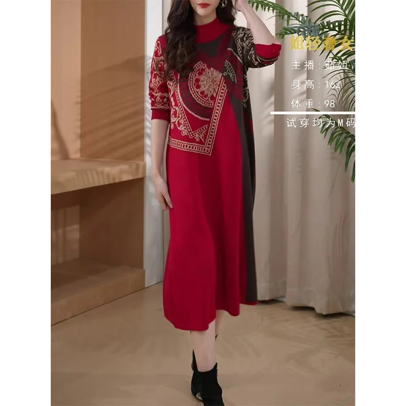 Women Commute Spliced Loose Long Dress 2024 Autumn Winter Striped Grace Half High Collar Knit Vintage Chic Elegant Wool Dresses