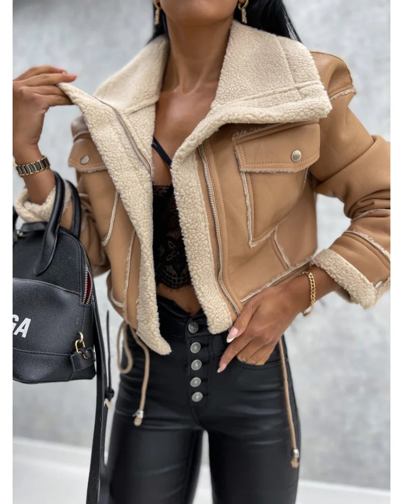 Faux Leather Jackets Women Short Thick Warm Outwear Winter Tops