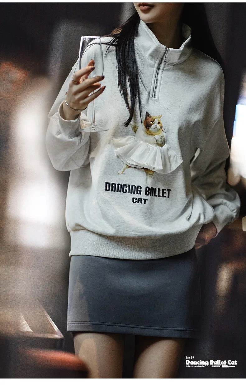 Maden Printed Ballet Cat Sweatshirts for Women Stand Collar Casual Sweater Gray Long Sleeve Pullover Autumn Gray Sweaters Top