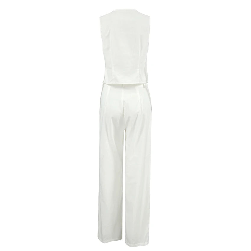 Mnealways18 White Cotton Pants Women's 2-Piece Set Clothing Linen Blazers Tops And Wide Leg Pants Elegant Women's Ensembles 2024