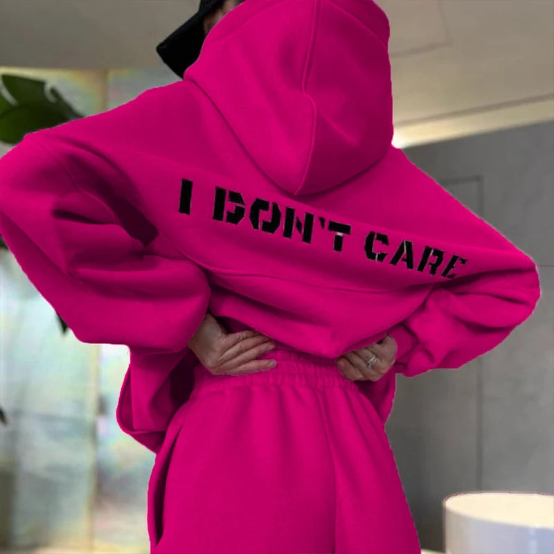 2024 New Women's Casual Fashion Print Suit Solid Color Thickened Warm Hooded Top Elastic Sports Pants Female's Two Piece Set