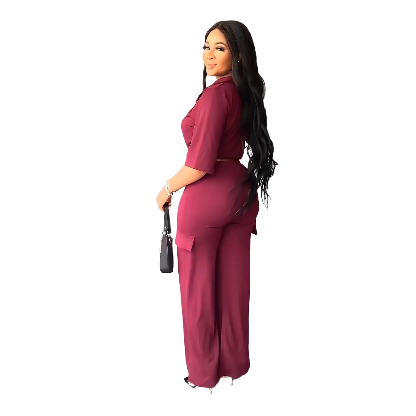 Elegant Women's Set Casual Drawstring Half Sleeve Short Blouse High Waist Straight Wide Leg Pant Suit Tracksuit Two Piece Outfit