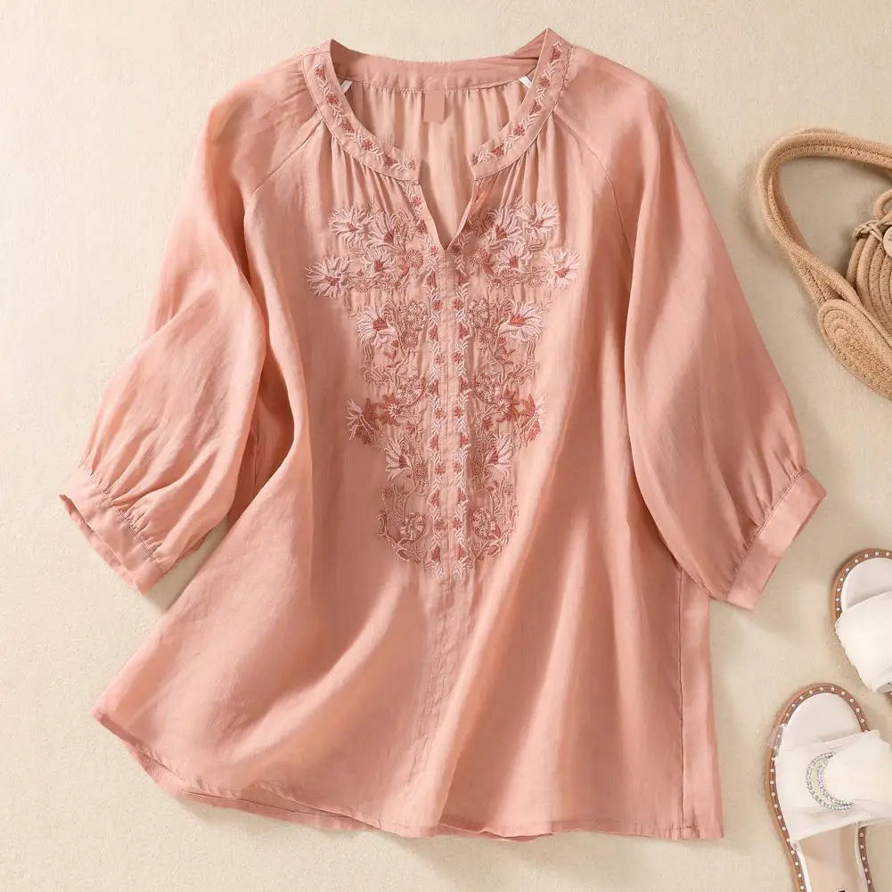 Cotton Linen Flower Embroidery Shirt Women Three Quarter Sleeves V Neck Casual Blouse Loose Solid Color Mother Blouse Women Top