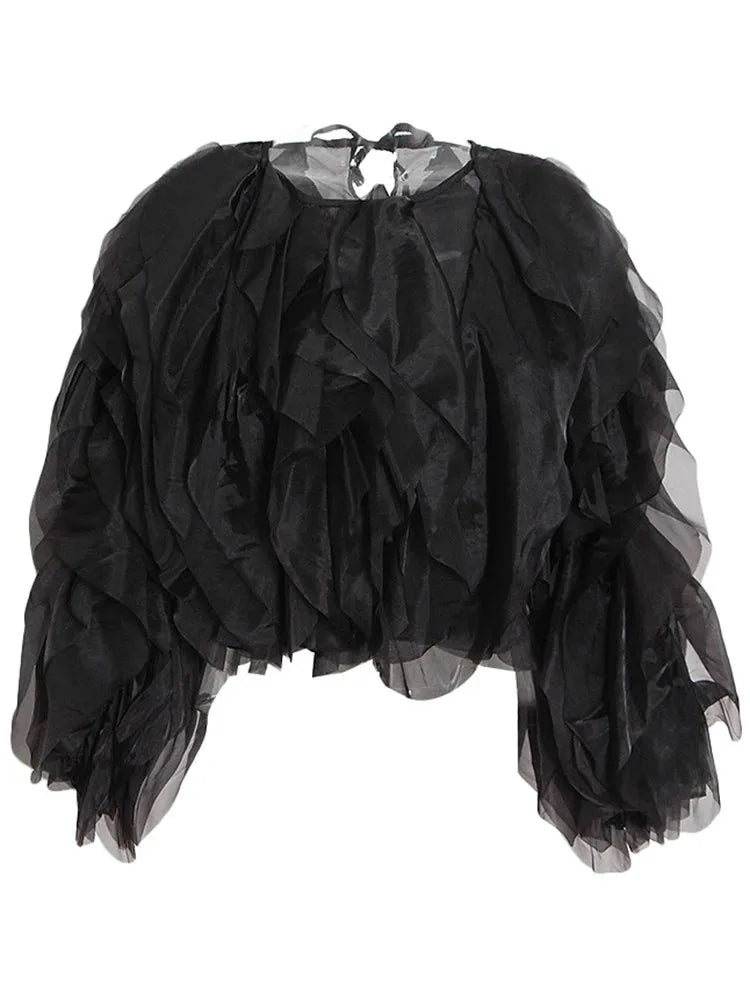TWOTWINSTYLE Solid Patchwork Folds Shirts For Women Round Neck Lantern Sleeve Spliced Lace Up Loose Pullover Blouse Female Style