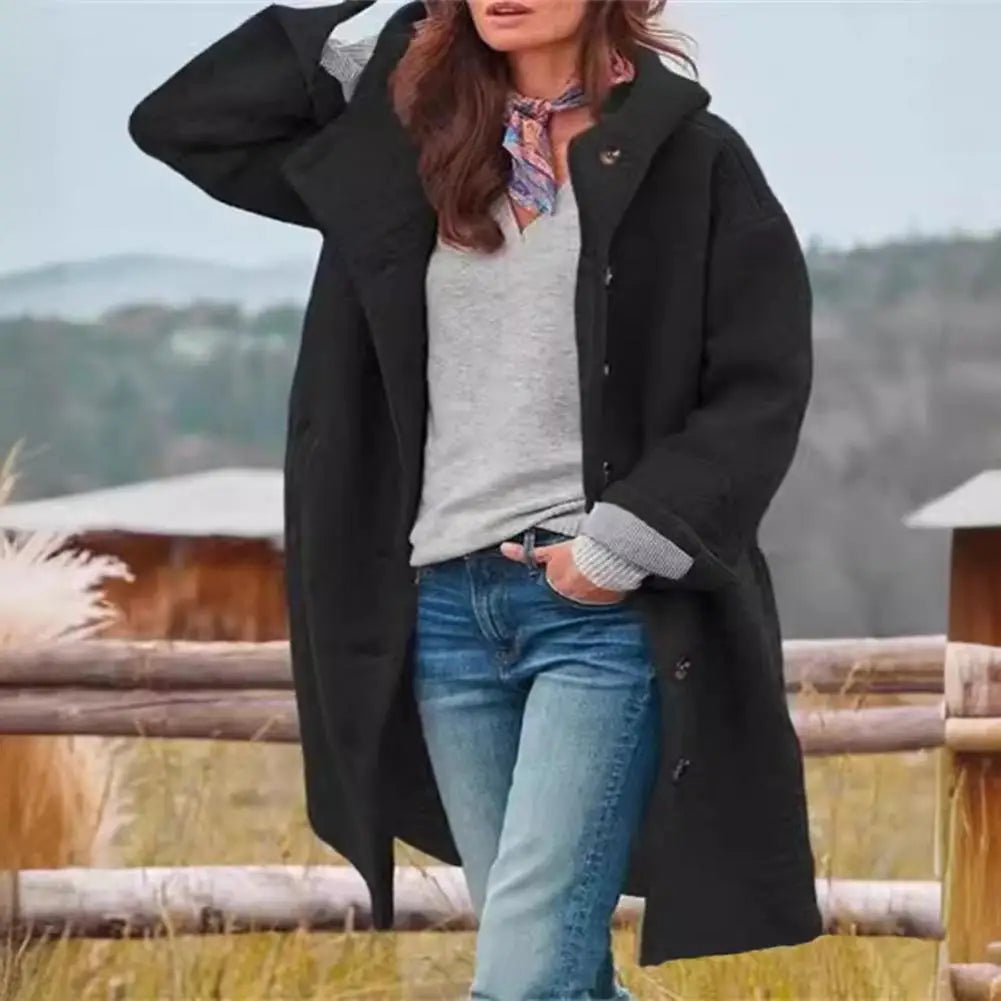Mid-length Women Jacket Woolen Fabric Jacket Stylish Women's Hooded Overcoat with Pockets Warm Windproof Mid for Fall for Daily