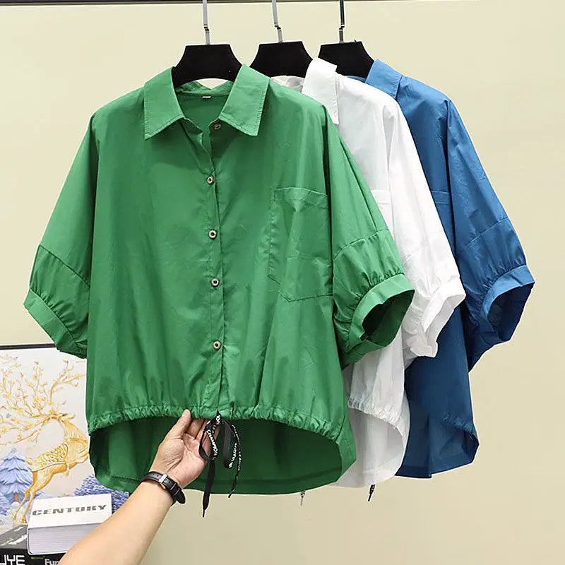 Summer New Bat Sleeve Pockets Shirt Women Loose Casual Short Sleeve Blouse Solid Lace Up Tops Half Shirts Lady High Street Trend