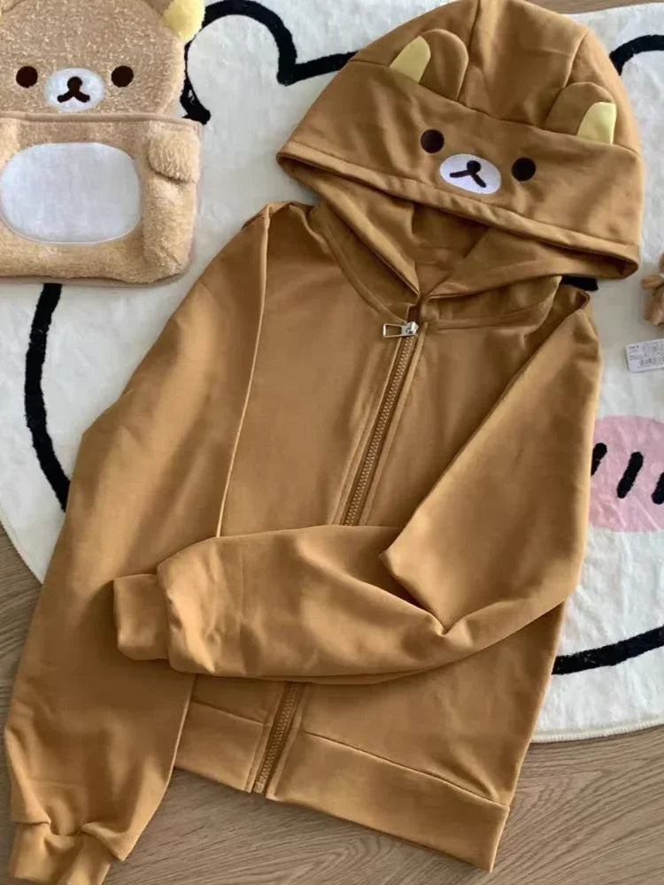 HOUZHOU Y2k Harajuku Streetwear Hoodies Women Japanese Style Kawaii Sweet Cute Cartoon Print Zipper Sweatshirt Soft Girl 2024