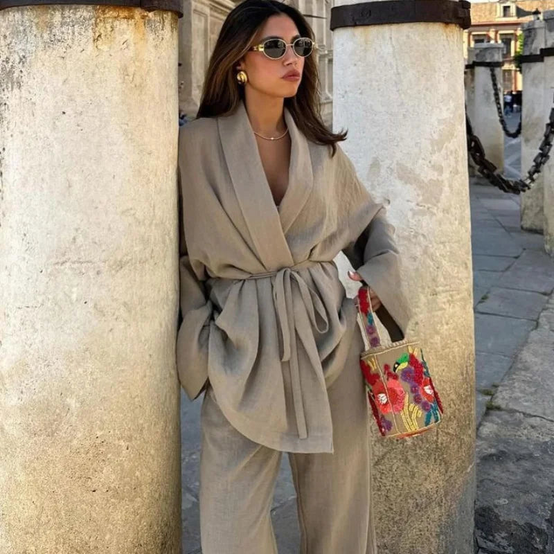 Vintage Lace Up Pants Sets Women Loose Lapel Long Sleeve Shirts Wide Leg Trouser 2024 Spring Summer Women's 2-piece Pant Set New