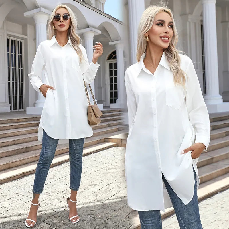 Long Shirt Women 2023 Vintage Pocket Shirts &Blouses Oversized Long Sleeve Blouse Fashion Women's Clothing Button Up Womens Tops