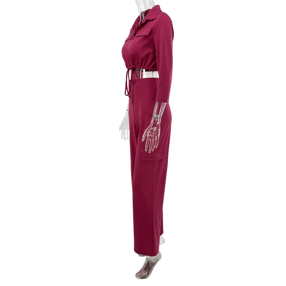 Elegant Women's Set Casual Drawstring Half Sleeve Short Blouse High Waist Straight Wide Leg Pant Suit Tracksuit Two Piece Outfit