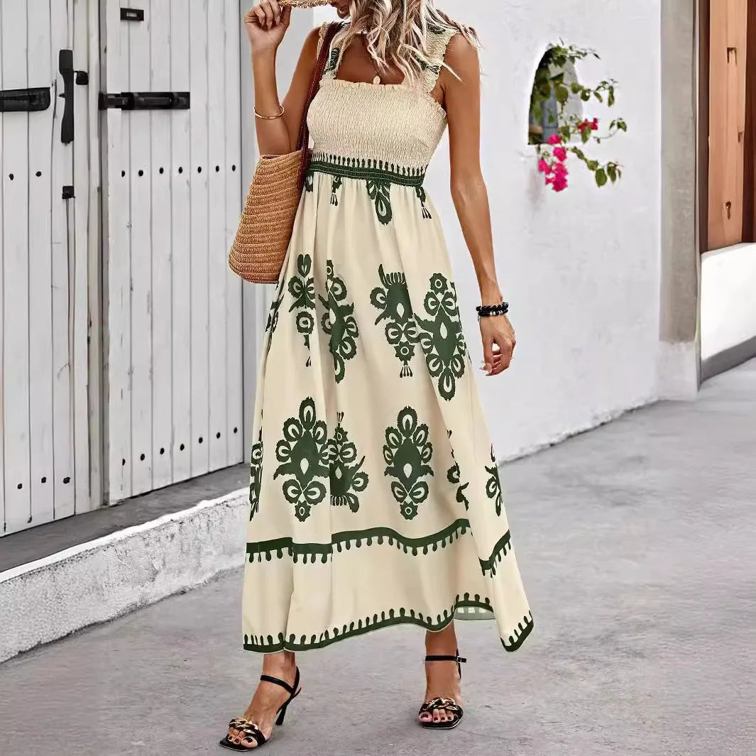 2024 New Women Summer Dress Straps Printed High Waist Sexy Backless Beach Dress Holiday New Robes Fashion Dresses