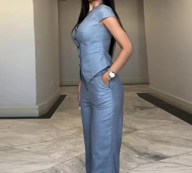 Women's Sets Trend 2024 Advanced Solid Color Temperament Sleeveless V-Neck Tops Casual Pants Set