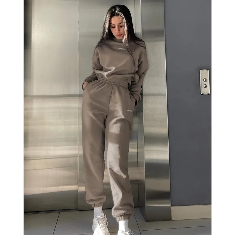 Autumn Hoodie Two Piece Sets Casual Long Sleeve Sweatshirts and Trousers Fleece Warm Two Piece Sets Lady Suit Women's Tracksuit