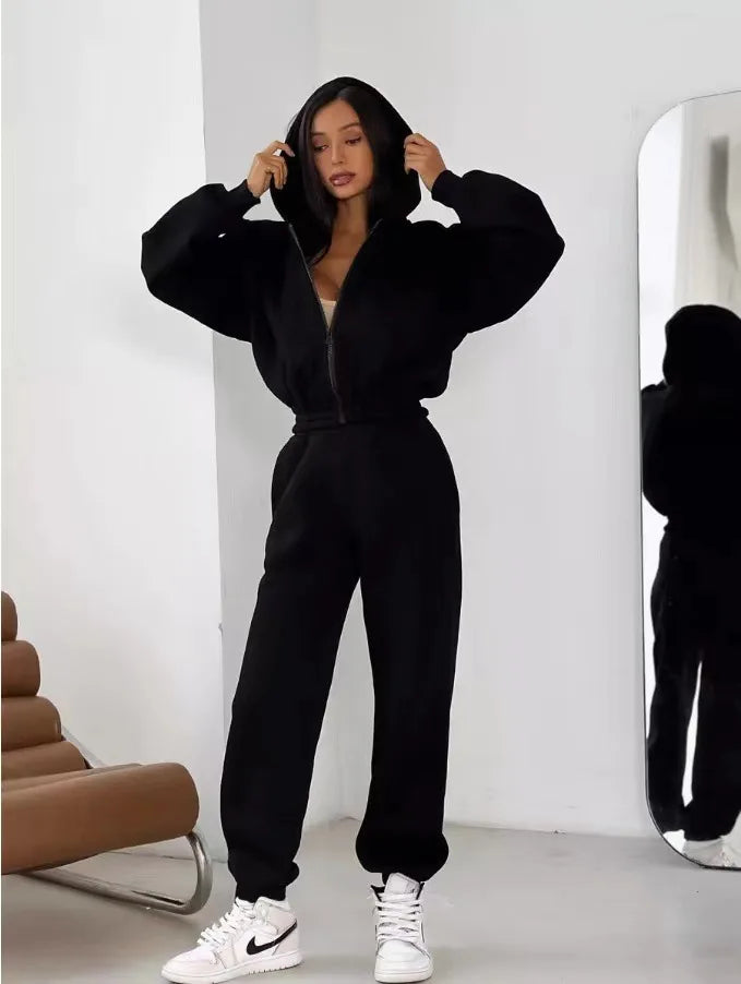 Autumn And Winter Fashionable Sports Style Women's Suit Two-piece Casual Belly Hooded Zipper Sweatshirt And Leggings Pants Suit