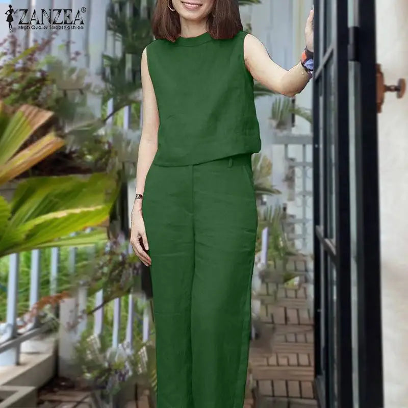 ZANZEA Elegant Women Matching Sets Summer Tracksuits Causal Pant Sets Sleeveless Blouse & Trousers Suit Fashion Outfits Oversize
