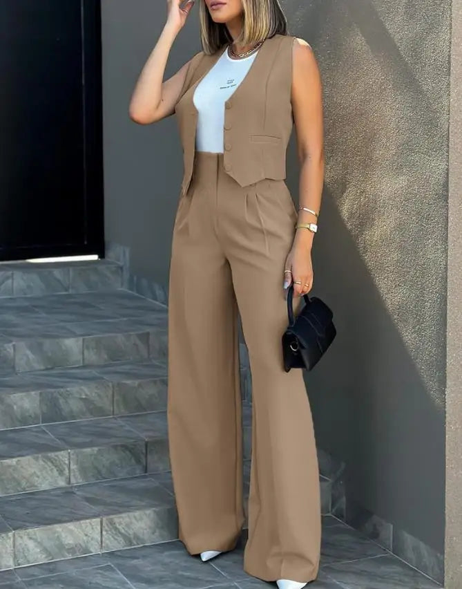 New 2024 Women's Summer Casual 2PCS Pants Sets Solid Vest +Pants Sets Elegant High Waist Wide Leg Outfits Women Matching Sets