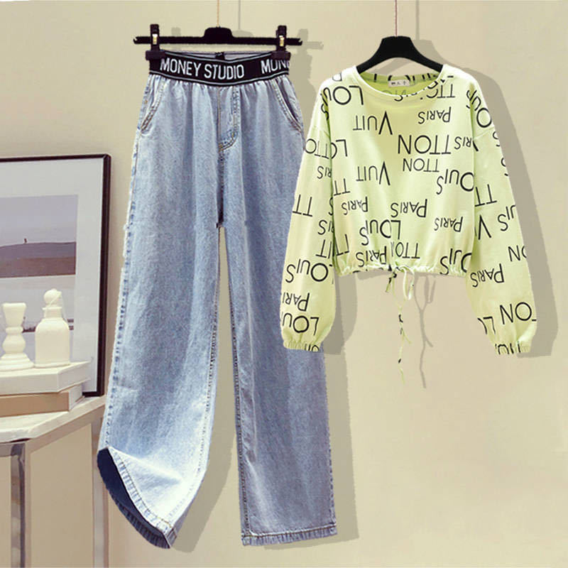 Autumn New Letter Print Lace Up T-shirt High Waist and Wide Leg Jeans Two-piece Set Elegant Women's Pants Set Female Tracksuit