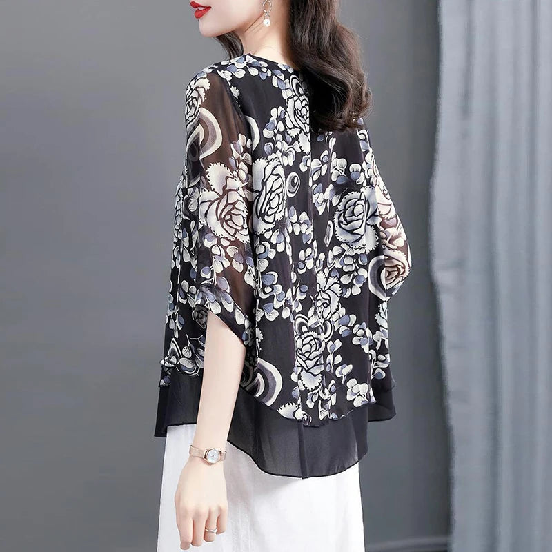 Summer Elegant Fashion Printing Oversized Chiffon Shirts Femme Harajuku Sleeve Pullover Tops Women Loose Casual All-match Blouse