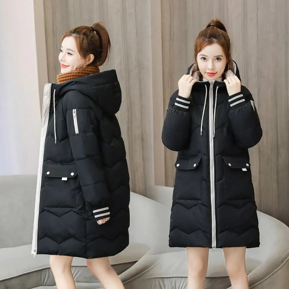Winter Women Coat Cotton Padded Long Sleeve Hooded Overcoat Thickened Loose Zipper Mid Length Outwear Jacket Streetwear Parkas