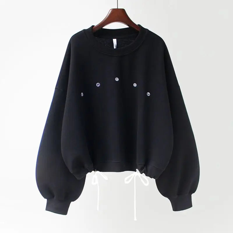 Y2k Sweatshirt For Women Short Embroidery Spring Autumn New Loose Korean Fashion Long Sleeve Drawstring Pullover Top Woman