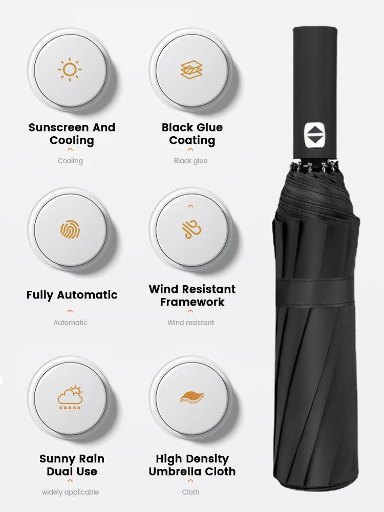 12 Bone Black Glue Fully Automatic Umbrella With Thick And Durable Keel Three Fold Umbrella UV Resistant Folding Umbrella
