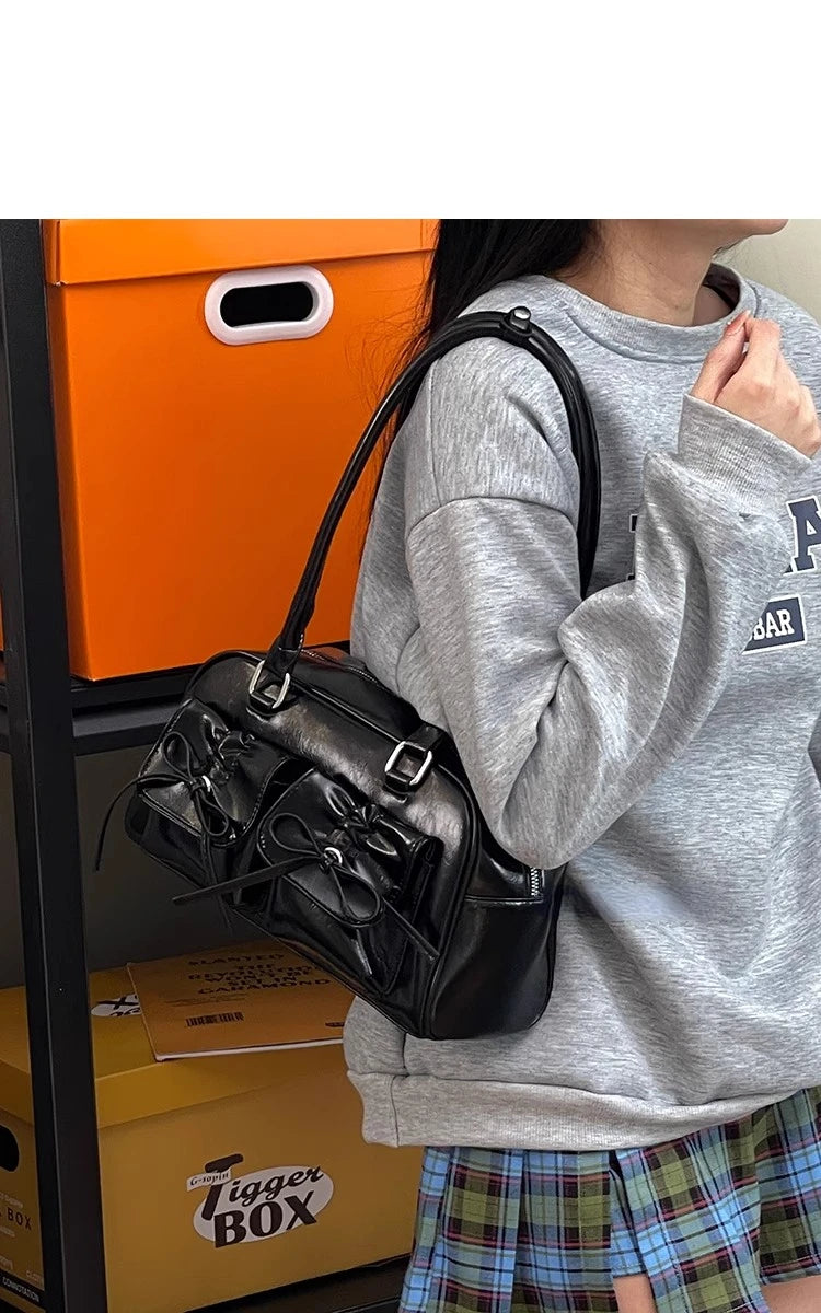 Xiuya Silver Pleated Womens Shoulder Bag Elegant Gentle Korean Fashion Leather Handbag Bow Sweet New Simple Ladies Boston Bag