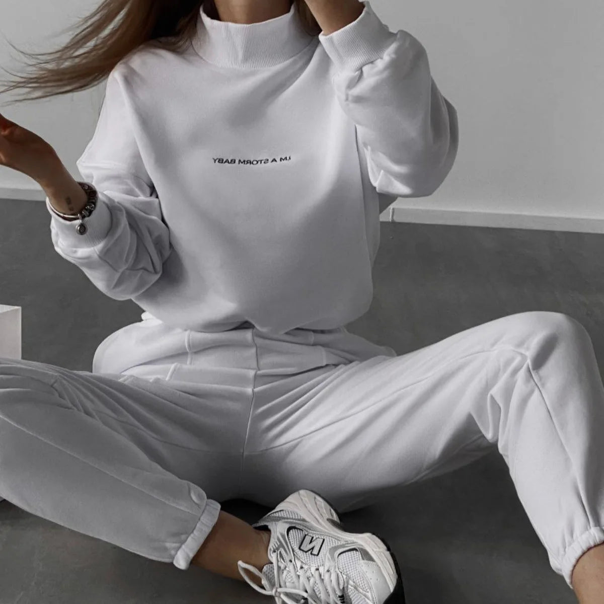 2023 Spring Autumn New Printed Loose Sports Suit Women Turtleneck Long Sleeve Sweatshirt Drawstring High Waist Pencil Pants Suit