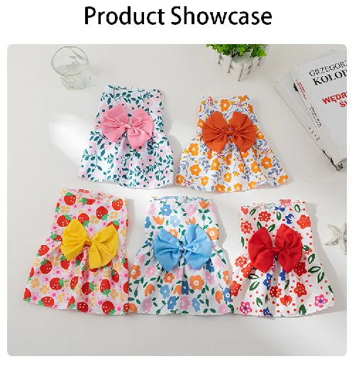 Dog Princess Dress Print Summer with Bowknot Button Sweet Cute Puppy Cat Skirt Thin Pets Wedding Party Chihuahua Clothes