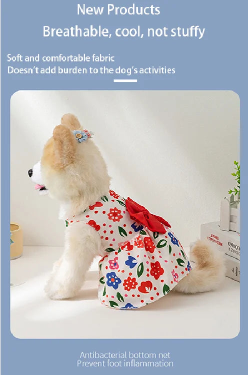 Dog Princess Dress Print Summer with Bowknot Button Sweet Cute Puppy Cat Skirt Thin Pets Wedding Party Chihuahua Clothes