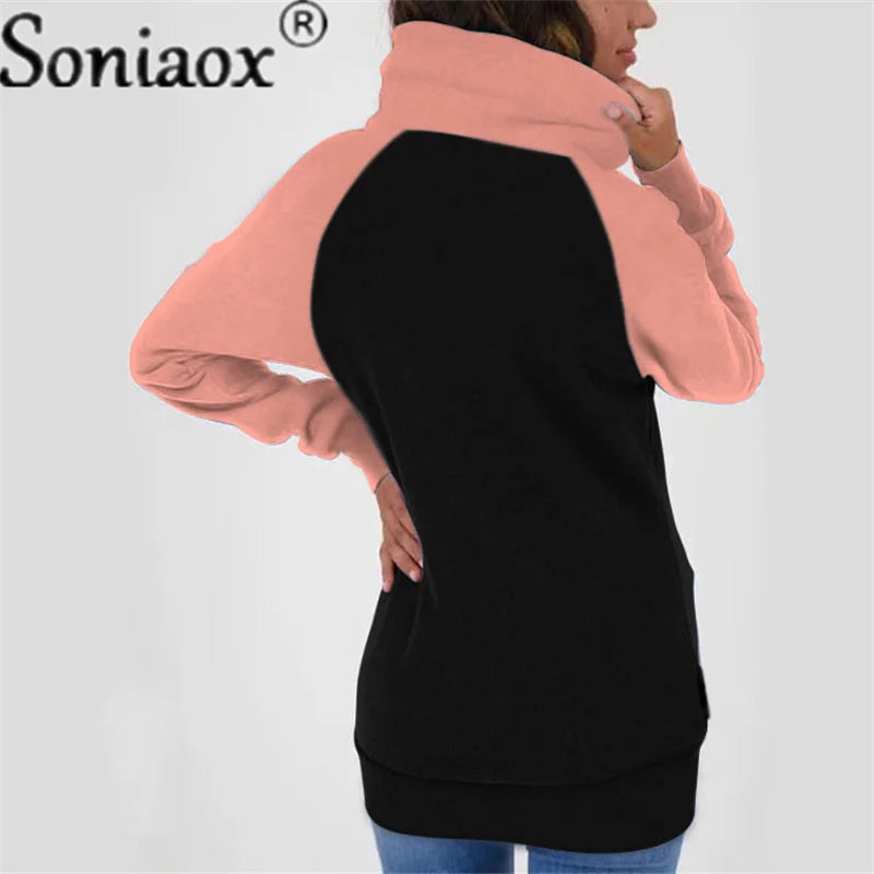 Casual Color Block Sweatshirt Women Zip Up Hoodies Cardigan Long Sleeve Loose Hooded Sweatshirts Coats Jackets Streetwear Tops