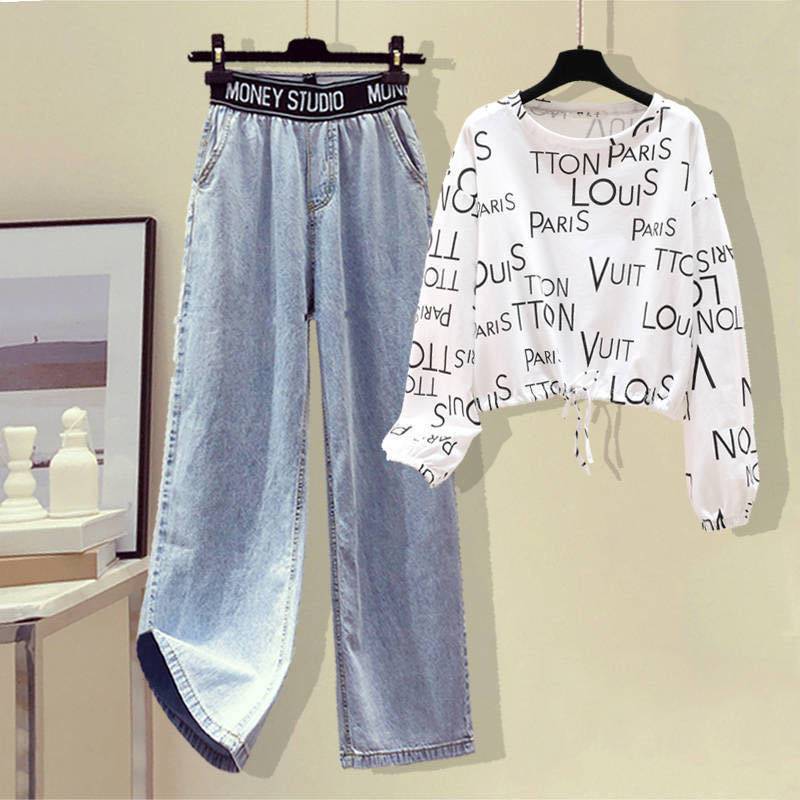 Autumn New Letter Print Lace Up T-shirt High Waist and Wide Leg Jeans Two-piece Set Elegant Women's Pants Set Female Tracksuit