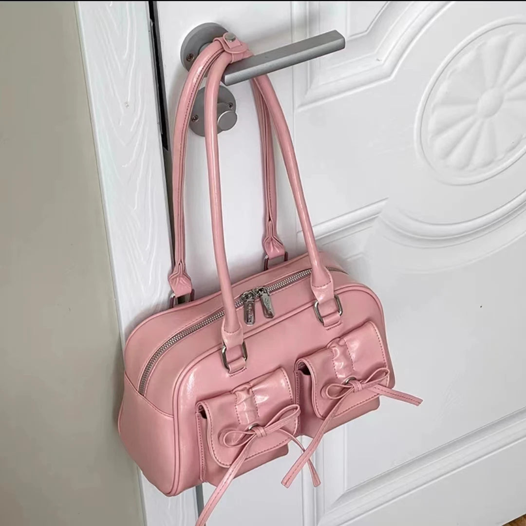 Xiuya Silver Pleated Womens Shoulder Bag Elegant Gentle Korean Fashion Leather Handbag Bow Sweet New Simple Ladies Boston Bag