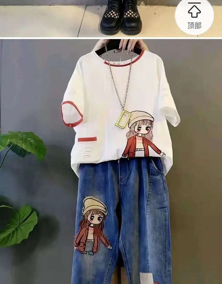 Age Reduction Suit Women's 2023 New Spring and Summer Slim Short Sleeve Top Casual Jeans Elegant Women's Two-piece Set