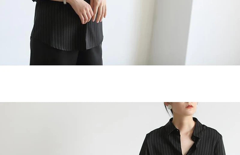 MEXZT Vintage Black Striped Shirts Women Office Long Sleeve Loose Casual Blouses Lady Korean Fashion Elegant Chic All Match Tops