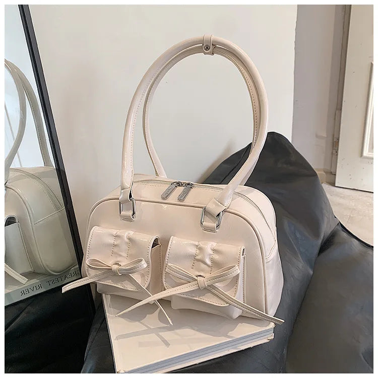 Xiuya Silver Pleated Womens Shoulder Bag Elegant Gentle Korean Fashion Leather Handbag Bow Sweet New Simple Ladies Boston Bag
