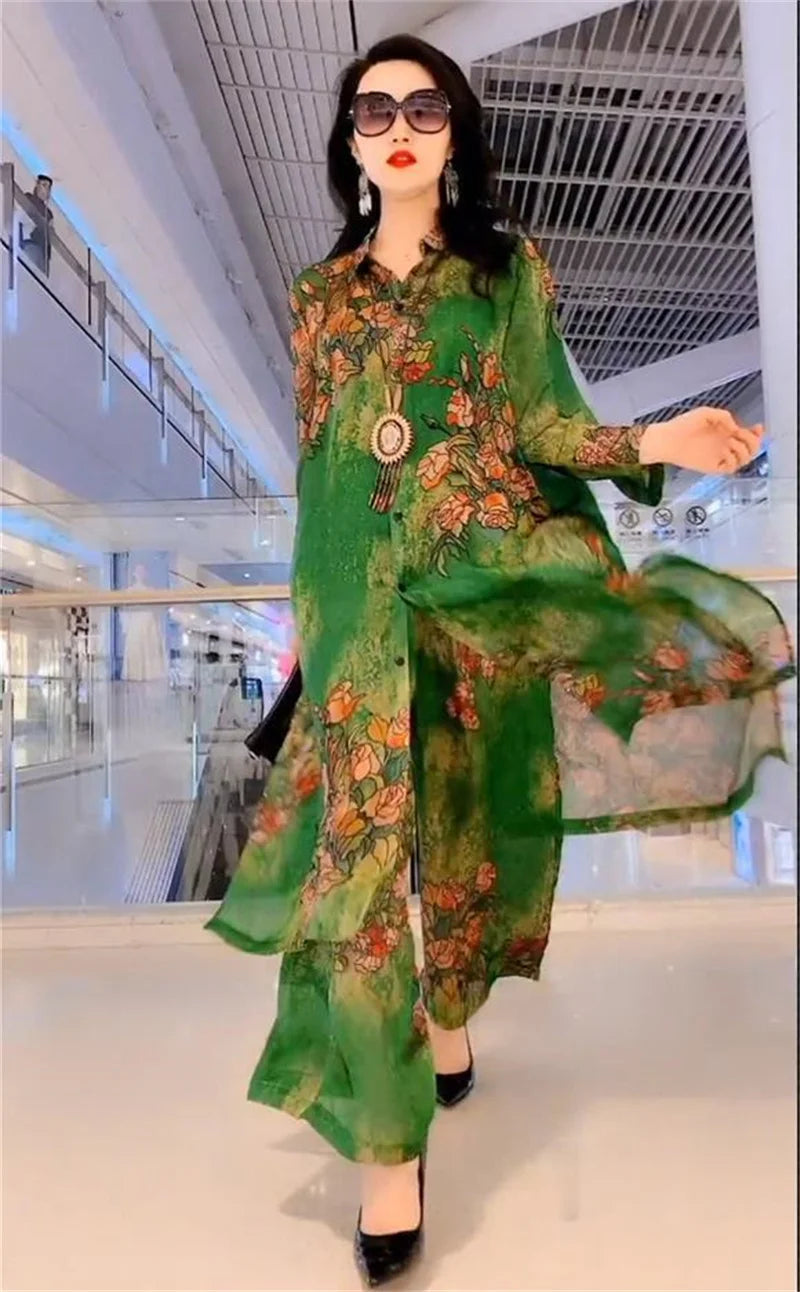 5XL Summer Sets Large Silk Wide Leg Trouser Set Women's Spring 2023 New Print Silk Fashion Slim Two Piece Set Female Elegant
