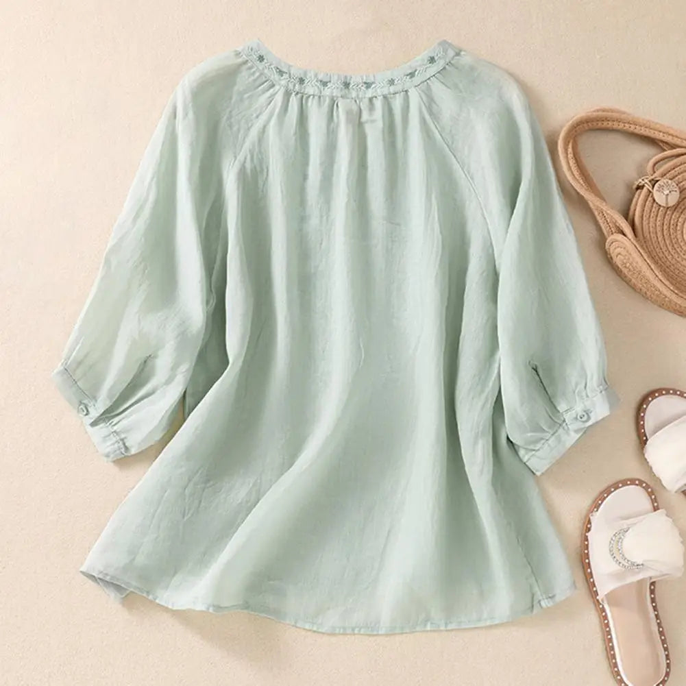 Cotton Linen Flower Embroidery Shirt Women Three Quarter Sleeves V Neck Casual Blouse Loose Solid Color Mother Blouse Women Top