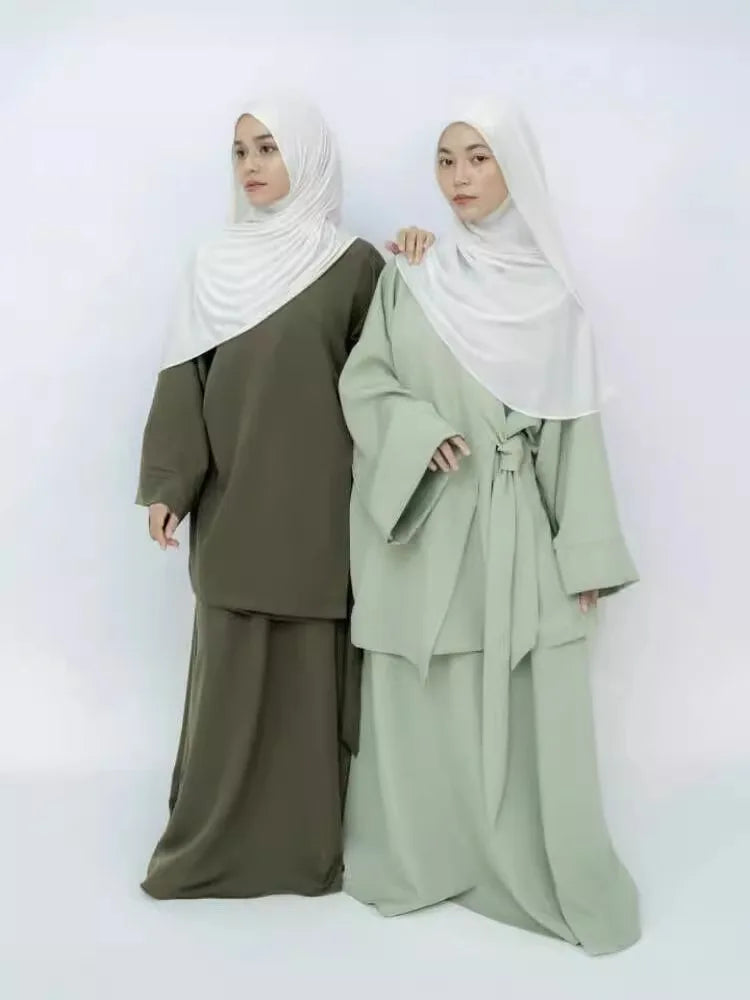 Eid Muslim Suit Modest Two Piece Women Lace Up Top Skirt Outfits Ramadan Morocco Dubai Abayas Ensemble Islam Arab Jalabiya