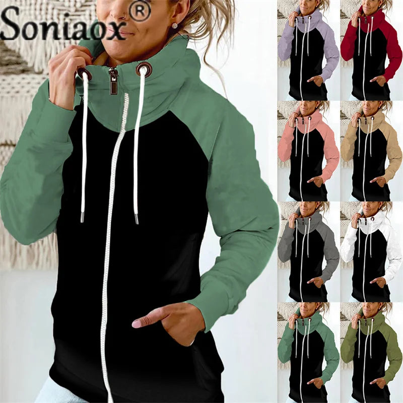 Casual Color Block Sweatshirt Women Zip Up Hoodies Cardigan Long Sleeve Loose Hooded Sweatshirts Coats Jackets Streetwear Tops