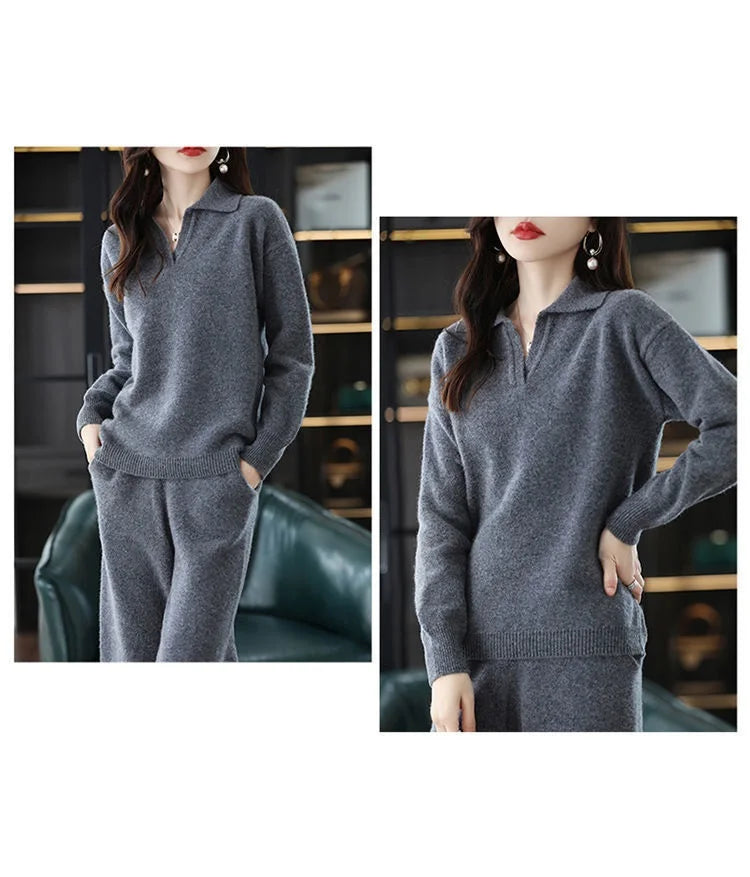Knitted Suit Women's 2024 New Fashion Autumn Winter Long-sleeved Lapel Sweater+Wide leg pants Female Loose Casual Two-piece Sets