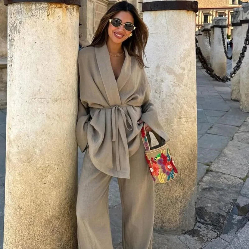 Vintage Lace Up Pants Sets Women Loose Lapel Long Sleeve Shirts Wide Leg Trouser 2024 Spring Summer Women's 2-piece Pant Set New