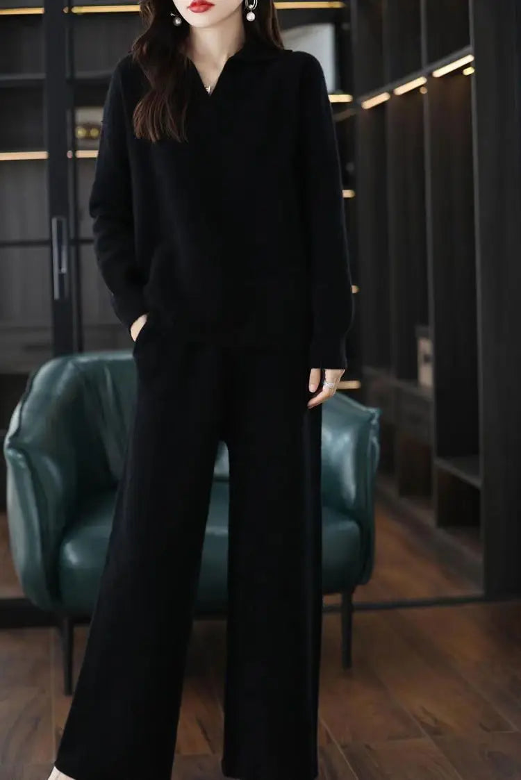 Knitted Suit Women's 2024 New Fashion Autumn Winter Long-sleeved Lapel Sweater+Wide leg pants Female Loose Casual Two-piece Sets