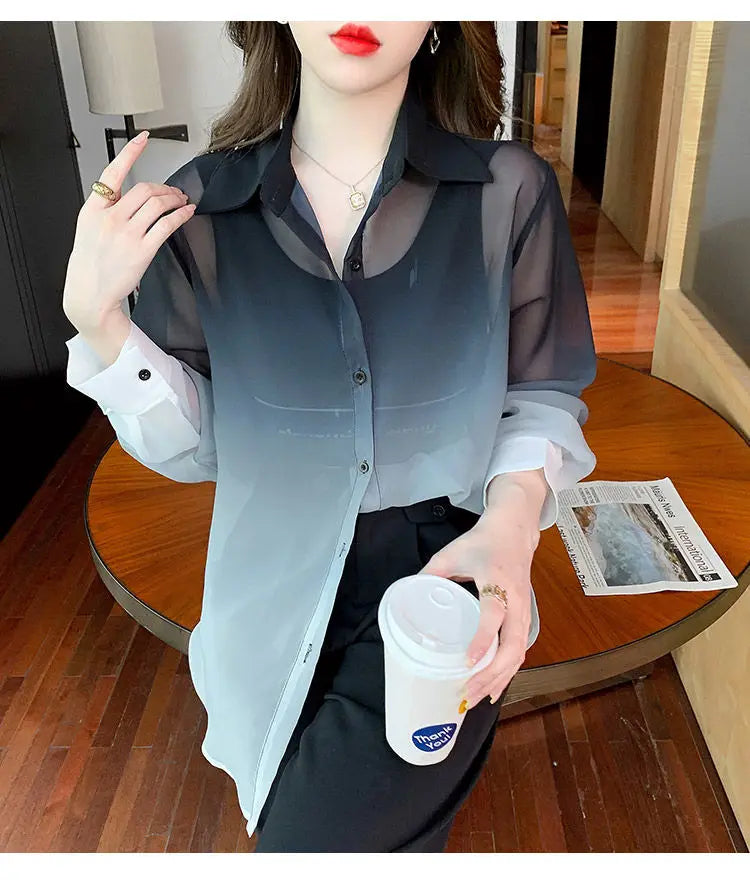 Shirts Women Gradient Loose Leisure Summer Sunscreen Lapel Thin Soft Designed Breathable Korean Fashion Clothing Office Lady New