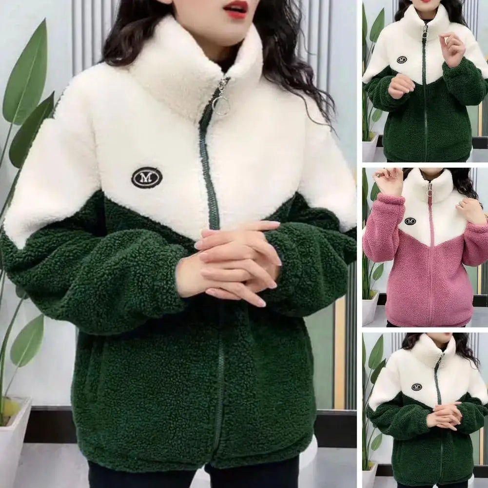 Autumn Winter Fleece Fluffy Jacket Streetwear Harajuku Zipper Coat Woman Lightweight Jacket Plush Warm Jacket Splice Coat