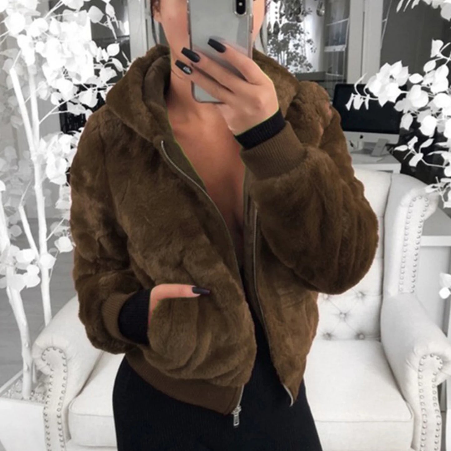 Plush Jacket Zipper Closure Thickened Elastic Cuff Women Hoodie With Pocket Outwear casacos de inverno feminino jaqueta feminina