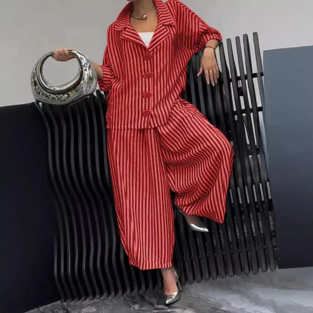 Wide-leg Pants Suit for Women Autumn Women's Casual Suit with Long-sleeved Shirt Top Wide-leg Harem Pants Lapel Striped