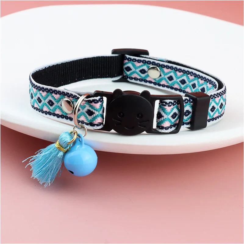 Adjustable cat collar with tassels and bells embellished pet collar colorful plaid jacquard pattern for cat and dog collars