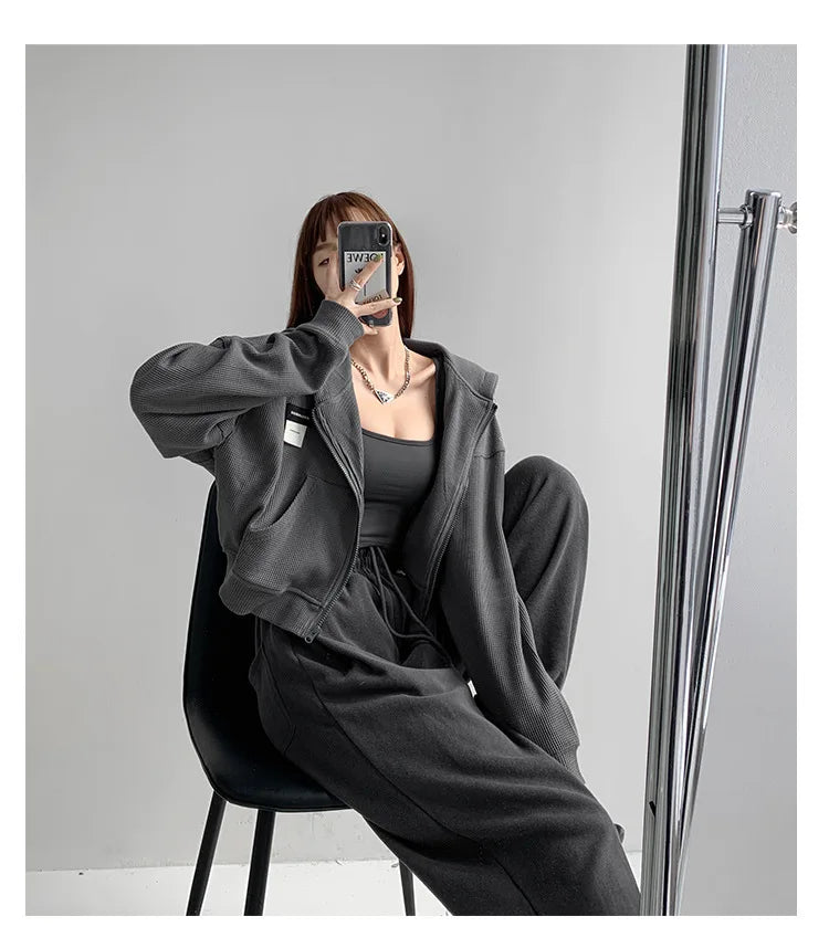 Harajuku Women Sweatshirts Korean Fashion Sportswear Female Zip Up Hoodies Vintage Streetwear Basic Casual Cropped Top Autumn