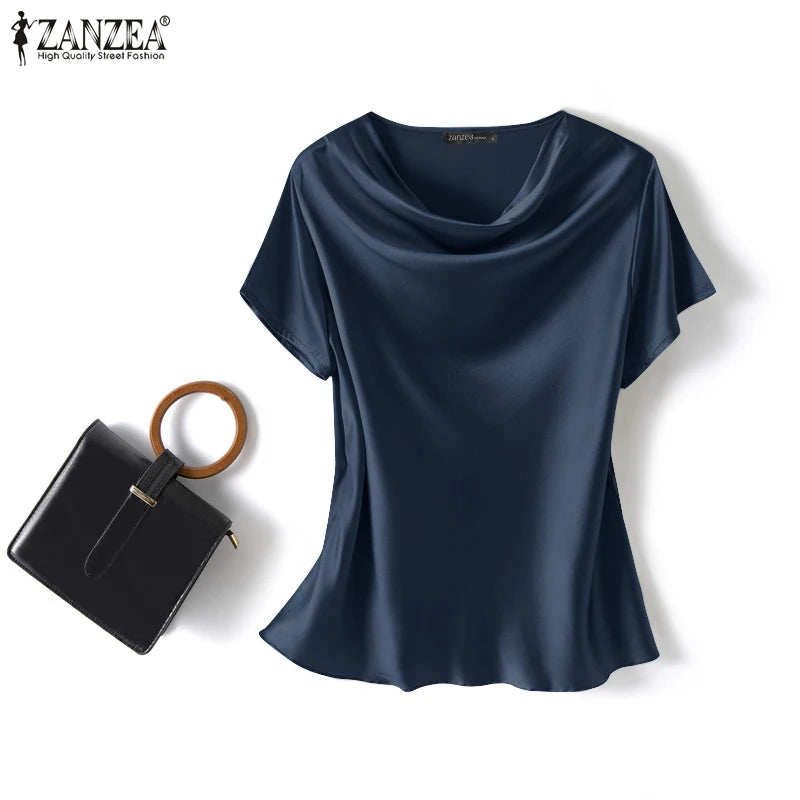 ZANZEA Women Short Sleeve Solid Shirt Summer Fashion Satin Blouse Female Casual OL Work Tunic Tops Elegant Loose Blsuas Oversize