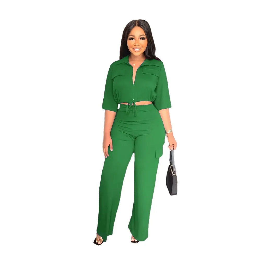 Elegant Women's Set Casual Drawstring Half Sleeve Short Blouse High Waist Straight Wide Leg Pant Suit Tracksuit Two Piece Outfit